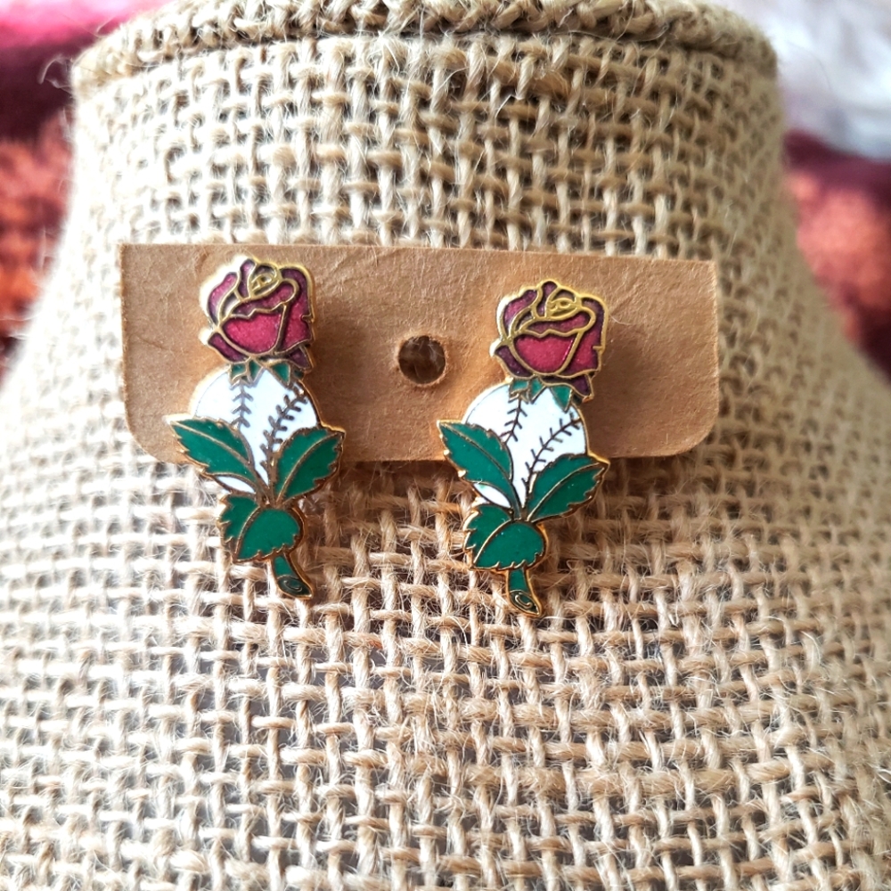 Vintage Baseball Rose Earrings
